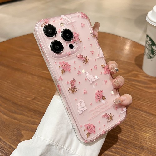 Lovely Floral Pattern Pink Color TPU Phone Case With Anti-fall Full Protection And Lanyard For iPhone